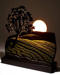 This exquisite bronze sculpture captures a tranquil sunset over meticulously terraced tea plantations. The artwork is disting