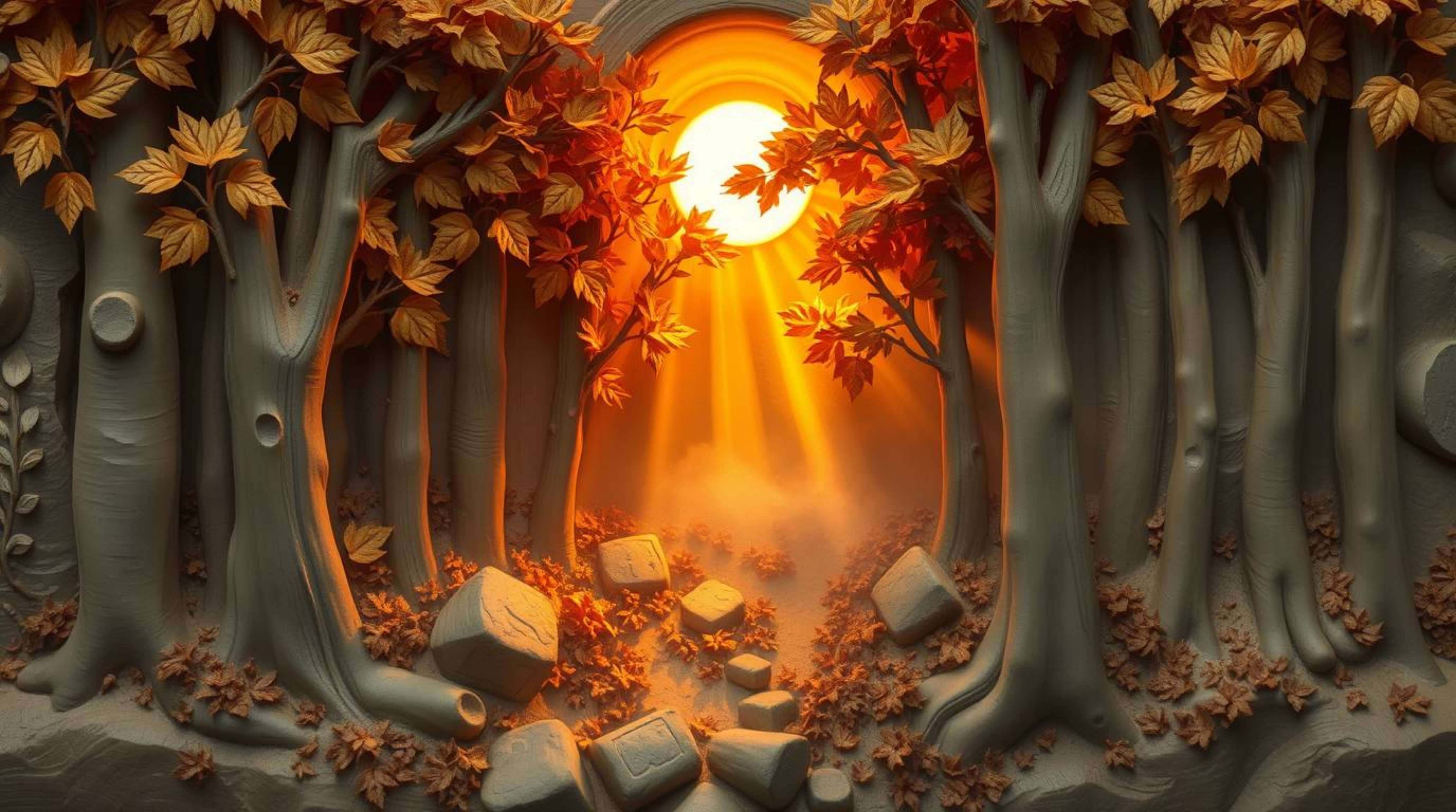 This sculptural clay artwork beautifully captures an autumn forest scene bathed in the warm glow of a sunset. Golden leaves a