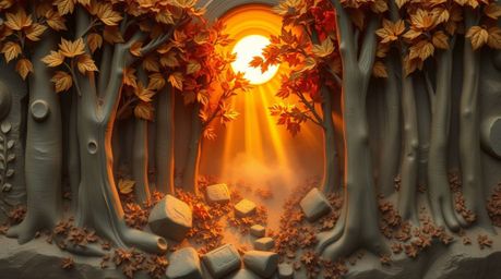 This sculptural clay artwork beautifully captures an autumn forest scene bathed in the warm glow of a sunset. Golden leaves a