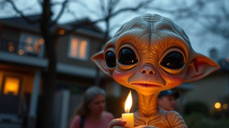 Capture the spontaneous charm of an adorable alien with rosy cheeks, candidly photographed in a suburban setting.  The warm g