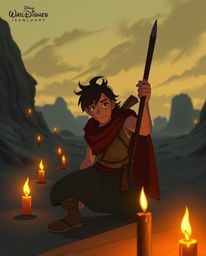 Experience a captivating Disney-style desert adventure featuring a brave hero. This artwork boasts a strong, moody aesthetic 