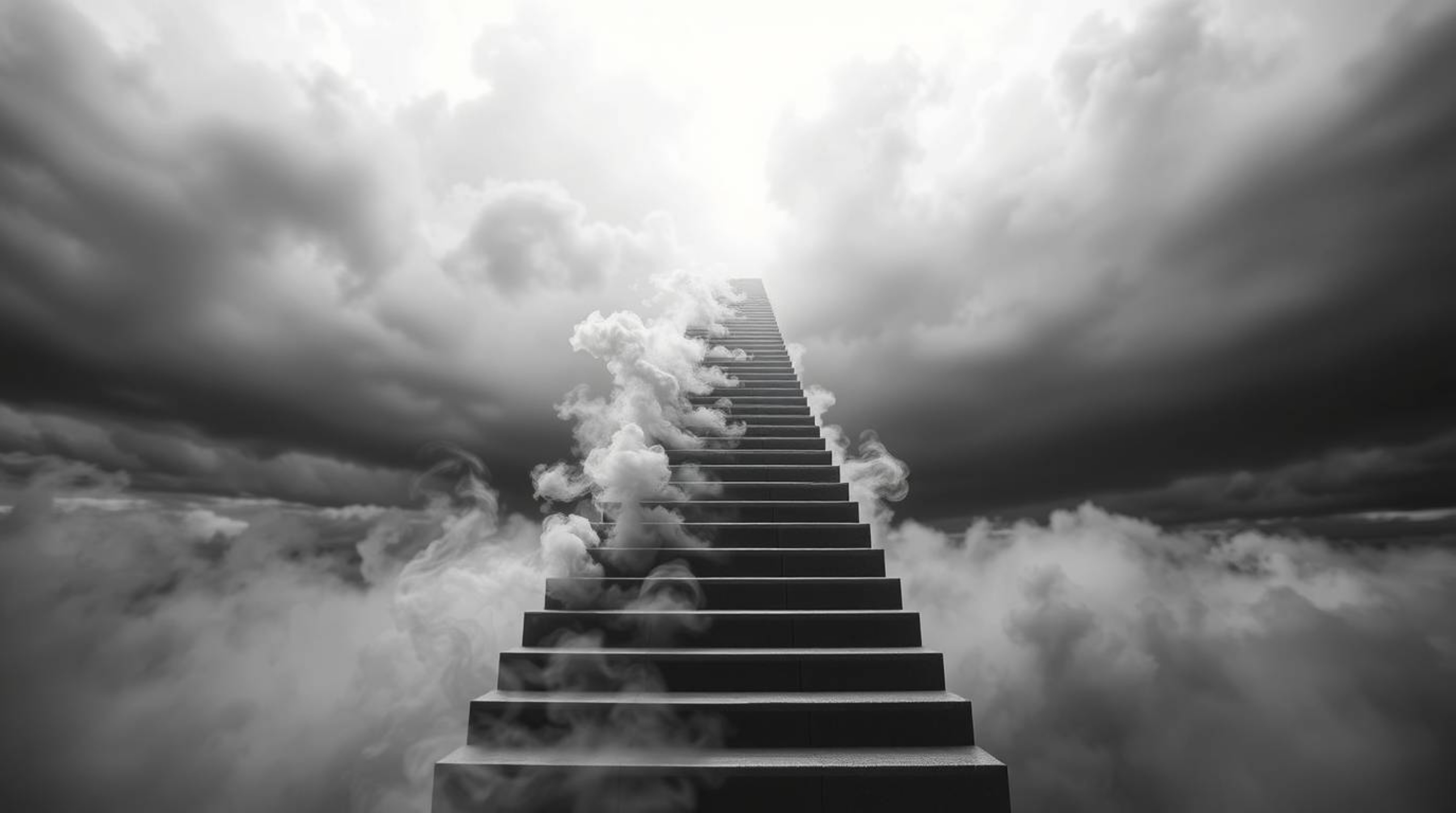 A captivating black and white image depicts a winding stairway composed of smoke and light ascending into a vast, cloudy sky.