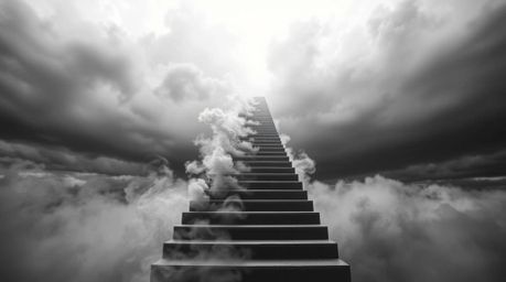 A captivating black and white image depicts a winding stairway composed of smoke and light ascending into a vast, cloudy sky.