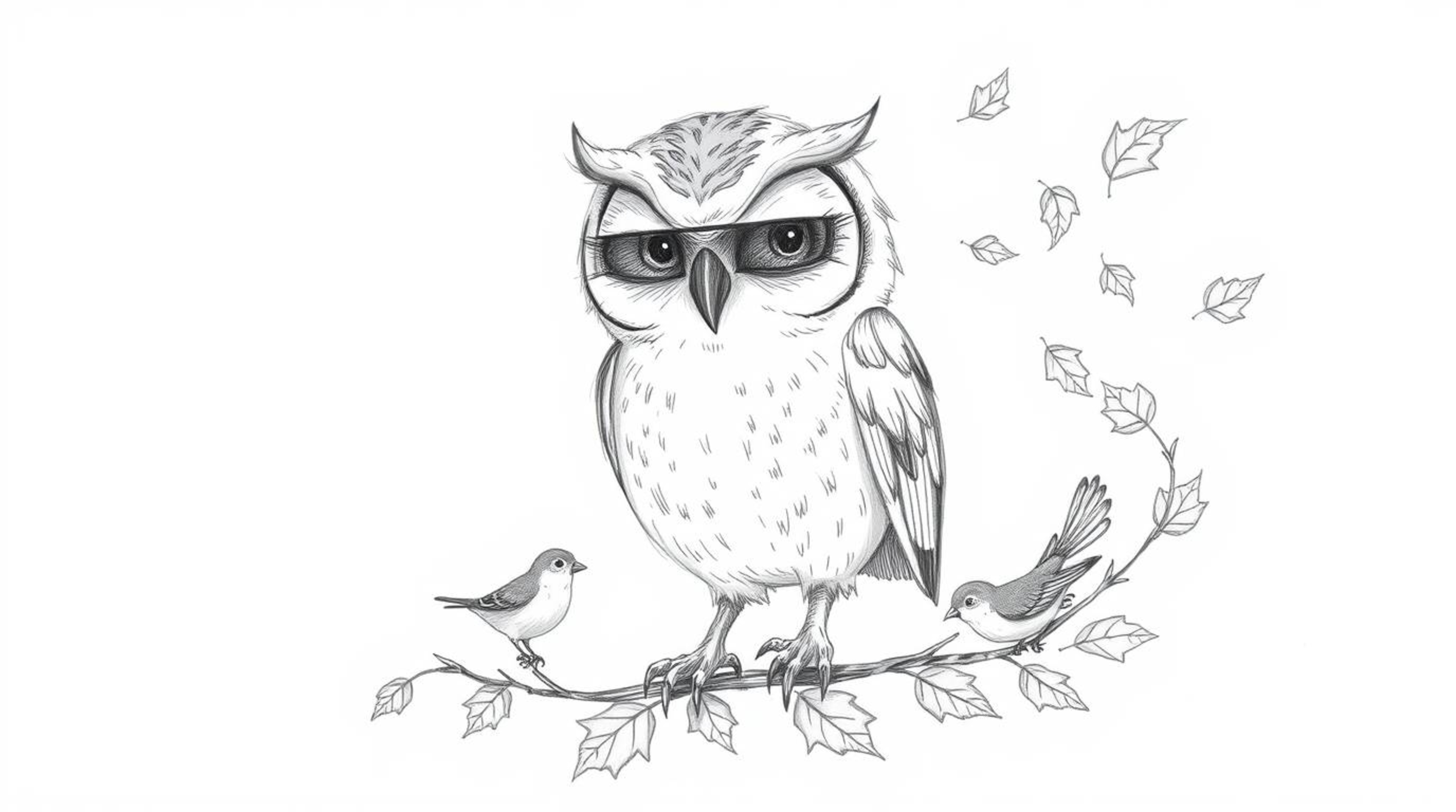 A hand-drawn pencil sketch, inspired by Pixar, depicts a gentle, blind owl with soft, expressive features.  The owl is loving
