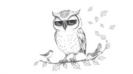 A hand-drawn pencil sketch, inspired by Pixar, depicts a gentle, blind owl with soft, expressive features.  The owl is loving
