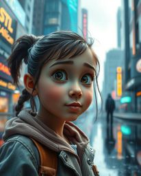 A captivating close-up shot of a young inventor girl, rendered in a vibrant Pixar style, stands out against the backdrop of a