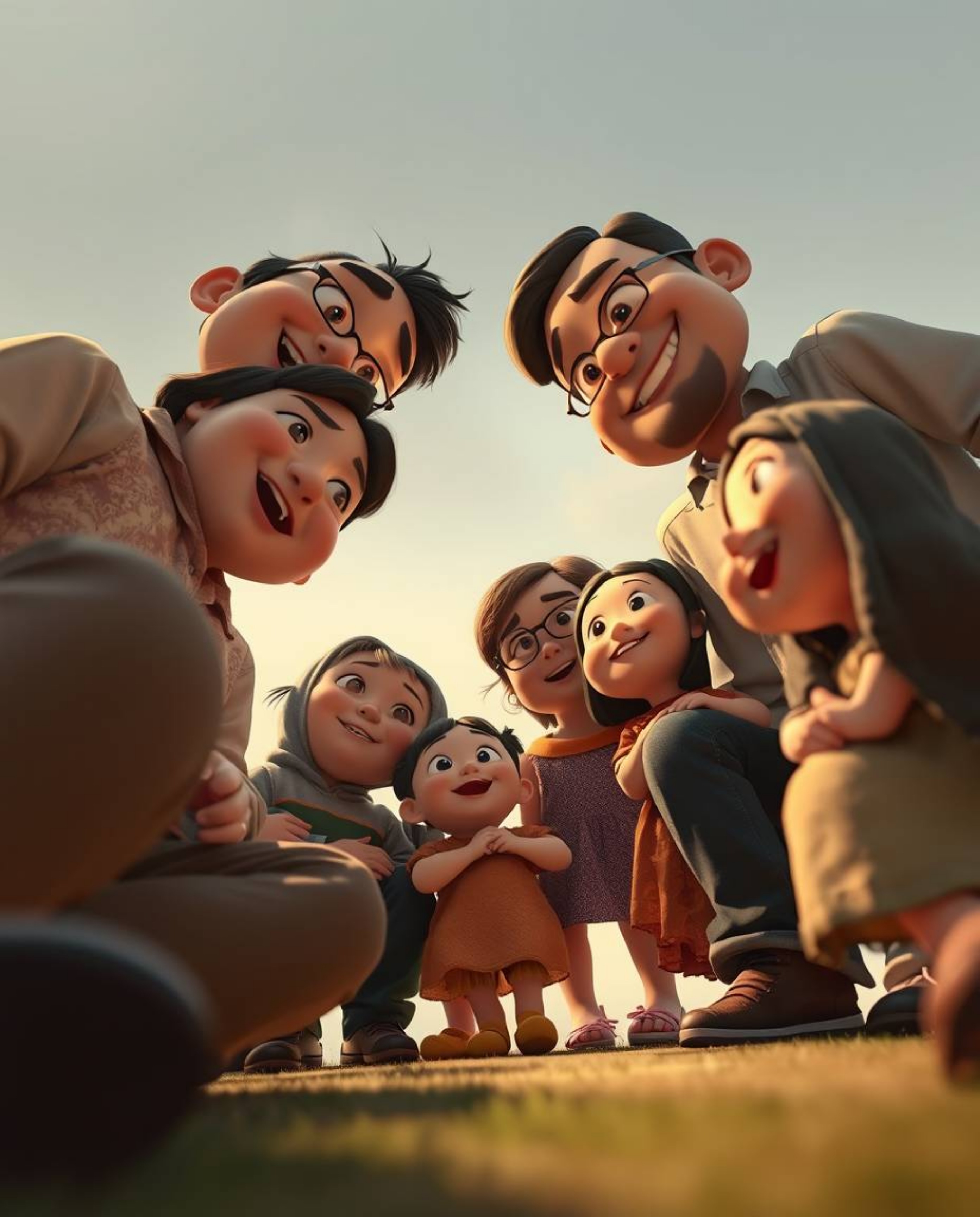 Experience a heartwarming Pixar-style family reunion depicted from a captivating low-angle perspective. Rendered in natural e