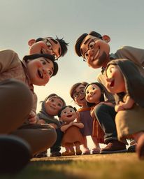 Experience a heartwarming Pixar-style family reunion depicted from a captivating low-angle perspective. Rendered in natural e