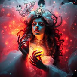 A captivating image showcasing a dreamlike, surreal portrayal of a fairy godmother. Bathed in soft, high-contrast low-key li