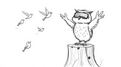 A delightful, hand-drawn sketch reminiscent of Pixar's style portrays a heart-warming scene: a blind owl teacher, perched on 
