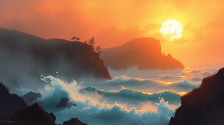Experience the soft, dreamy atmosphere of a vibrant sunset as waves crash against rugged cliffs. This captivating image, rend