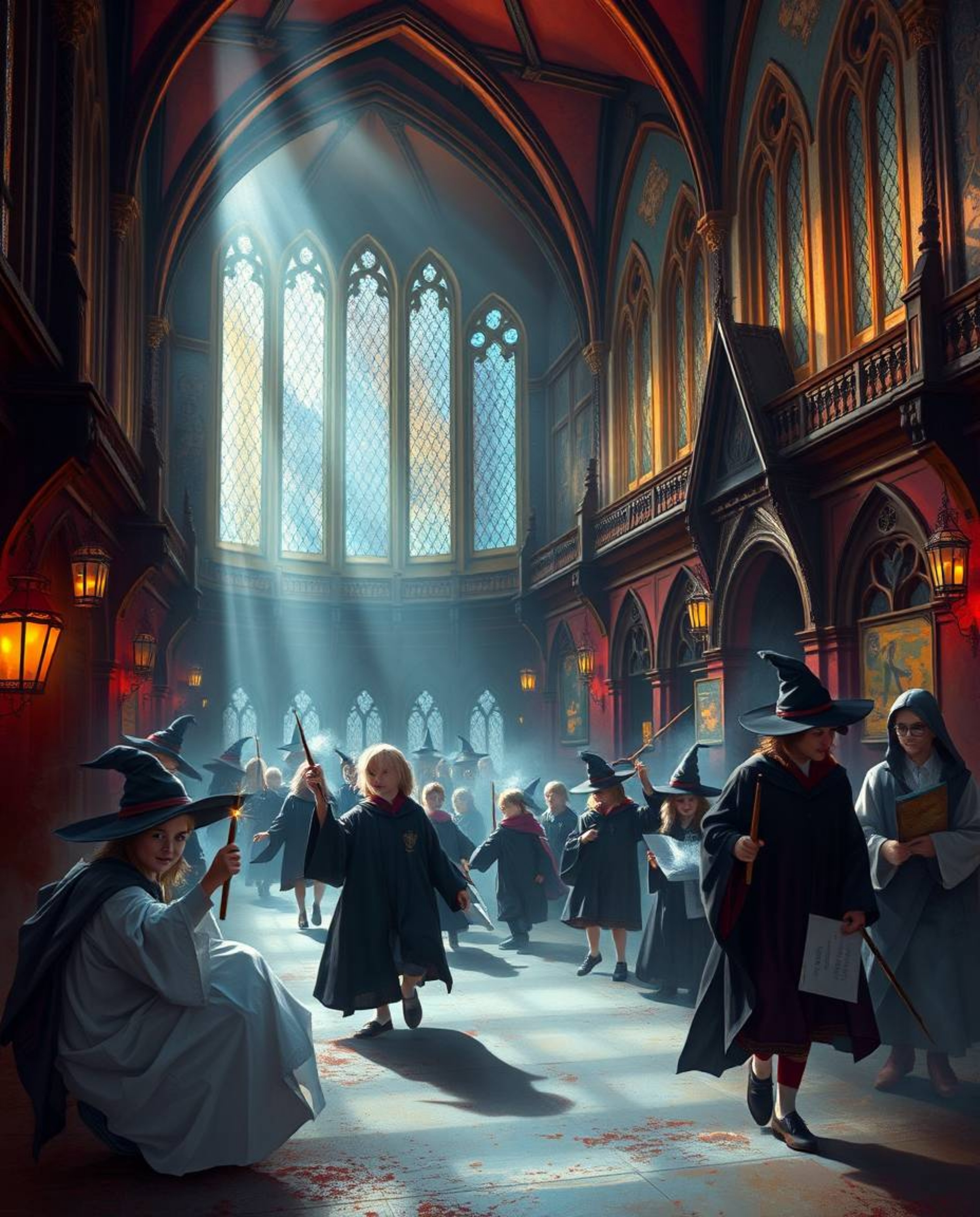 A sophisticated and elegant painting depicts a magical school teeming with young wizards, brought to life by stunning volumet