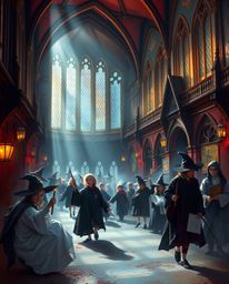 A sophisticated and elegant painting depicts a magical school teeming with young wizards, brought to life by stunning volumet