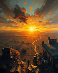 This stunning high-angle perspective oil painting captures a sunrise over a desolate, war-torn landscape.  Rich textures and 
