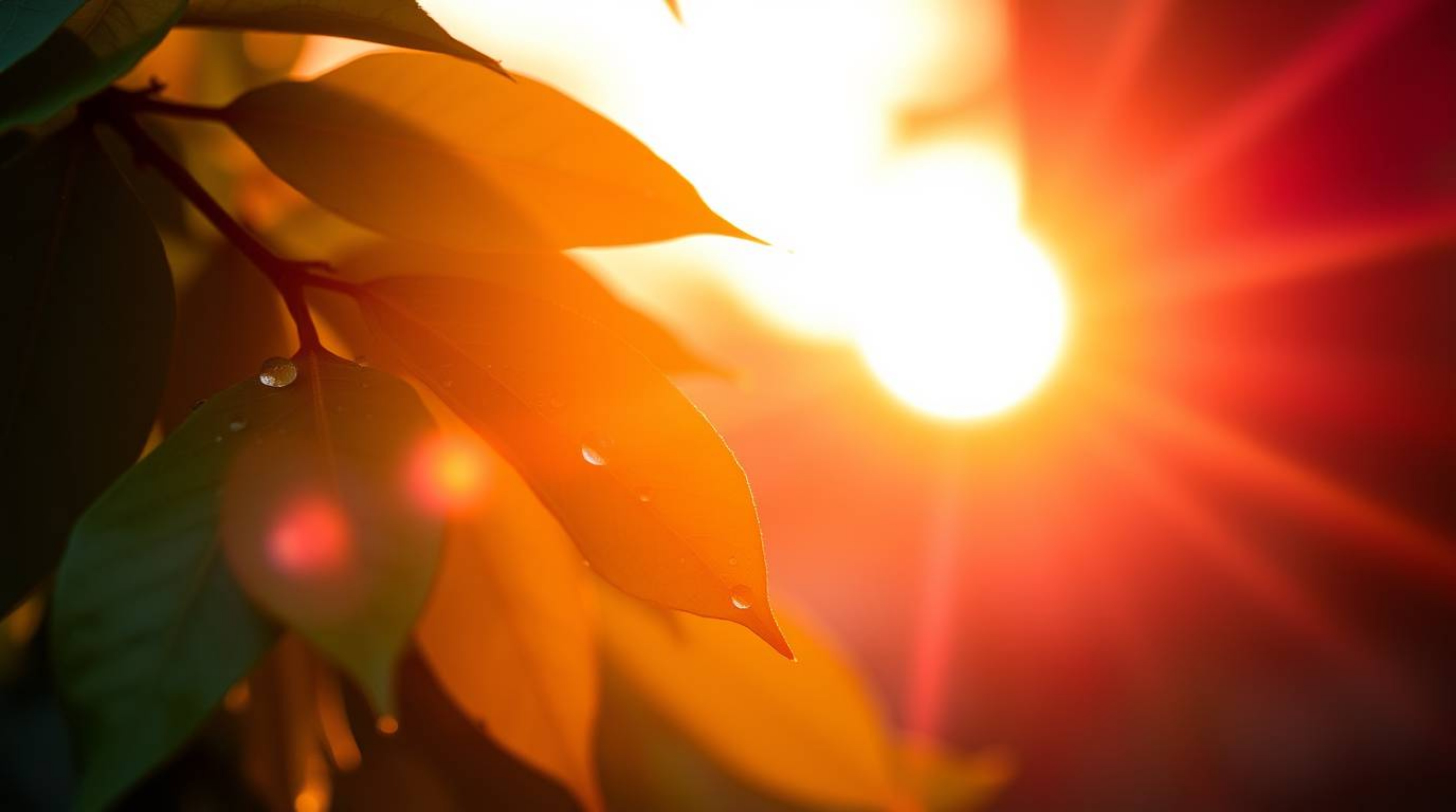 Capture the essence of a serene sunset reflected in raindrops clinging to leaves, highlighted by a bright lens flare and seam