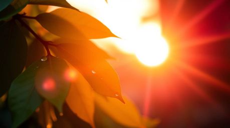 Capture the essence of a serene sunset reflected in raindrops clinging to leaves, highlighted by a bright lens flare and seam