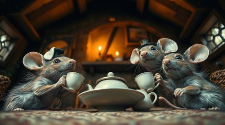 A whimsical scene unfolds from a low angle perspective, showcasing anthropomorphic mice enjoying a delightful tea party withi
