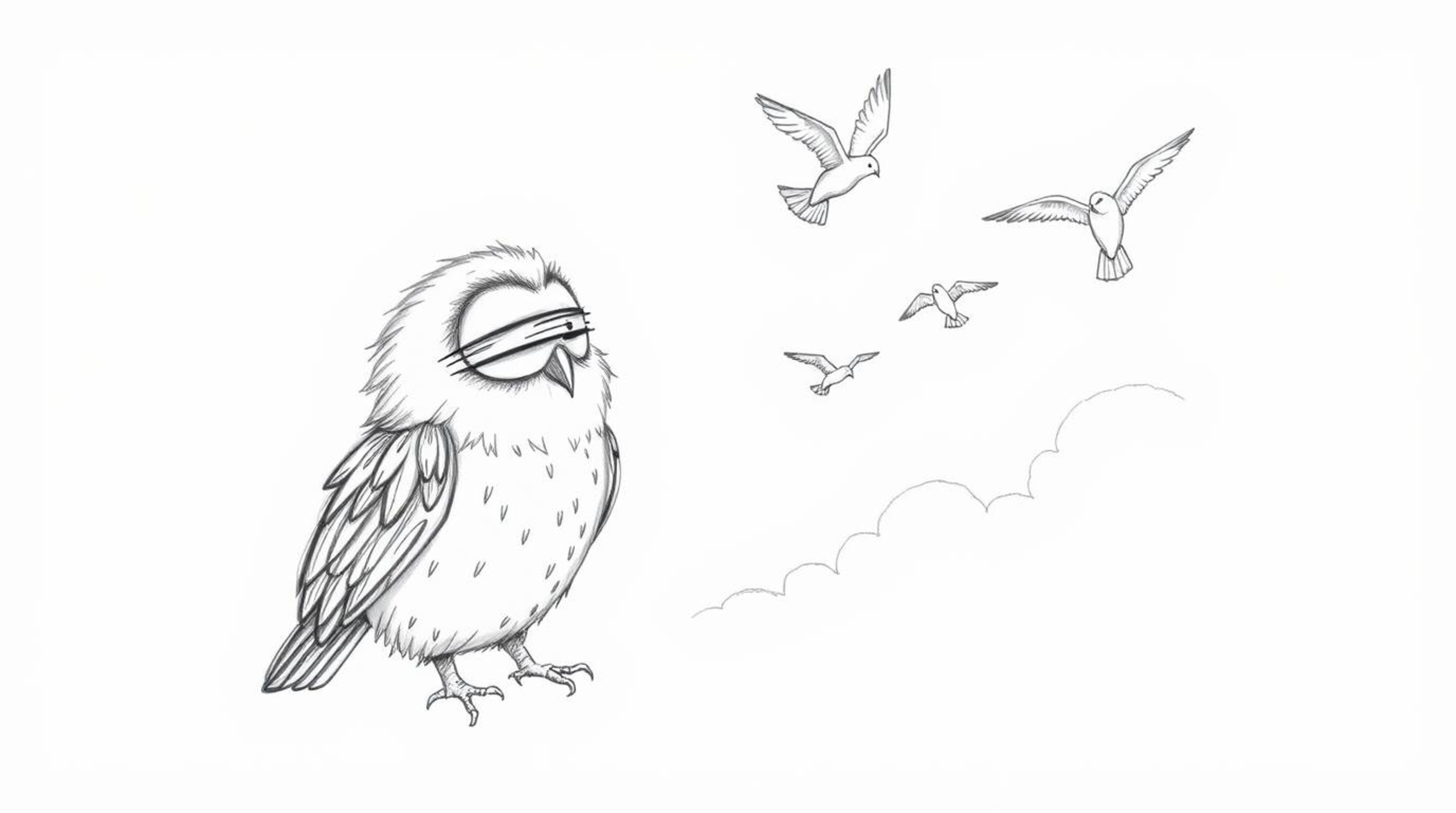 A heartwarming Pixar-inspired sketch portrays a blind owl with a soft, feathered texture guiding birds in flight amidst a dre