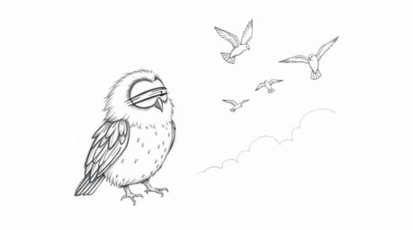 A heartwarming Pixar-inspired sketch portrays a blind owl with a soft, feathered texture guiding birds in flight amidst a dre