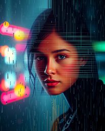 A captivating digital art piece showcasing a human face morphing into a data stream amidst a wet, rainy scene.  Smooth color 