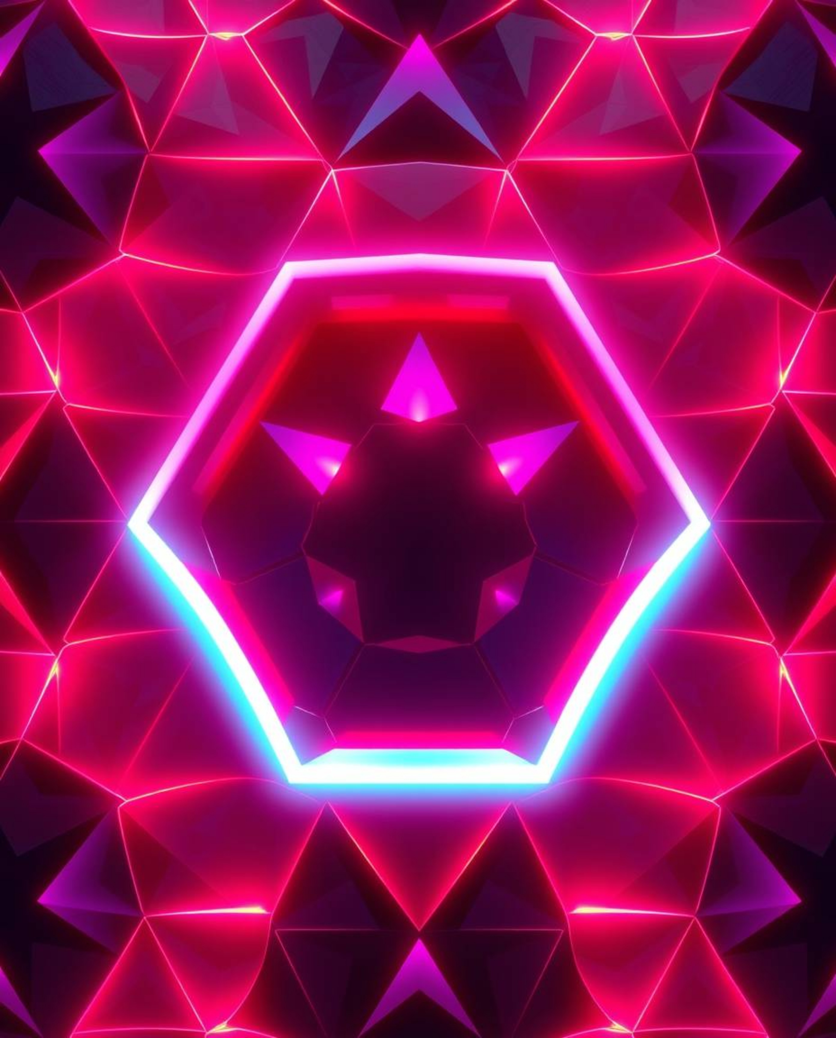 A visually striking logo design featuring a seamless geometric pattern of hexagons and triangles in vibrant neon colors, rend