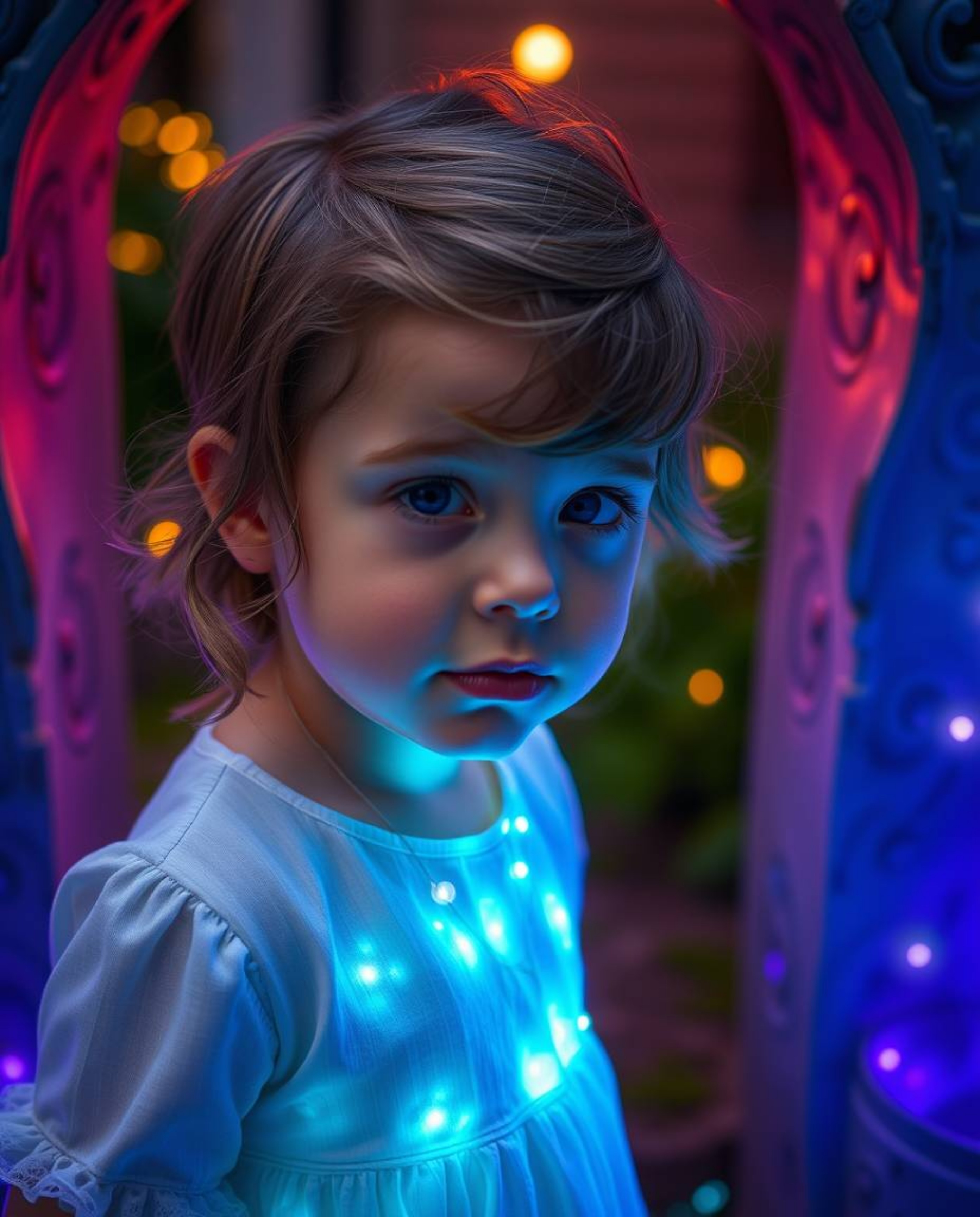 A child with graceful features stumbles upon a magical portal in their backyard, radiating with vibrant bioluminescent colors