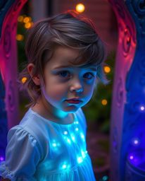 A child with graceful features stumbles upon a magical portal in their backyard, radiating with vibrant bioluminescent colors