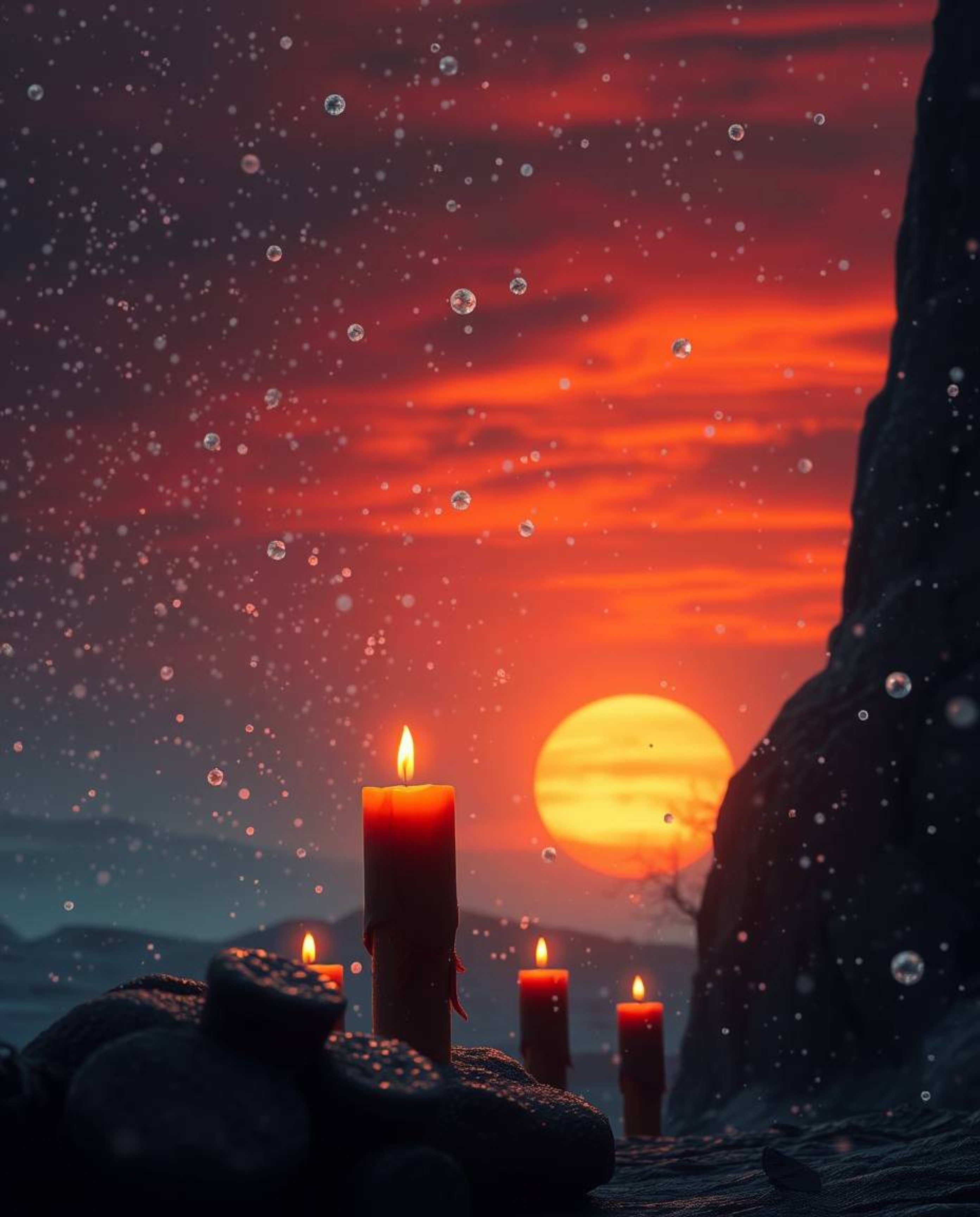 A strong, moody, and epic scene depicts snowflakes falling during a vibrant sunset in a modern futuristic style. The atmosphe