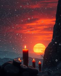 A strong, moody, and epic scene depicts snowflakes falling during a vibrant sunset in a modern futuristic style. The atmosphe