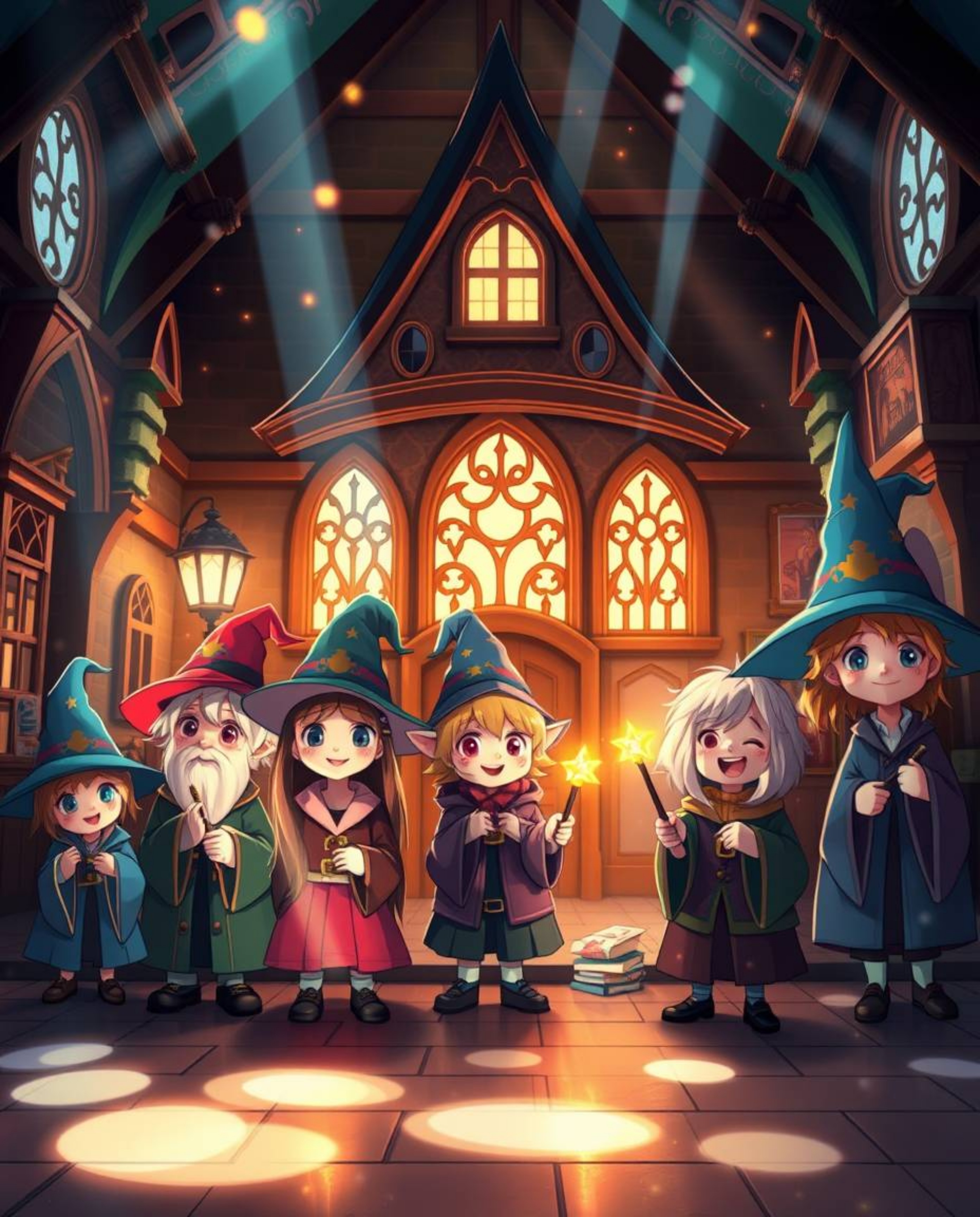 Explore a magical school brimming with adorable young wizards and charming features. The scene is bathed in artistic lighting