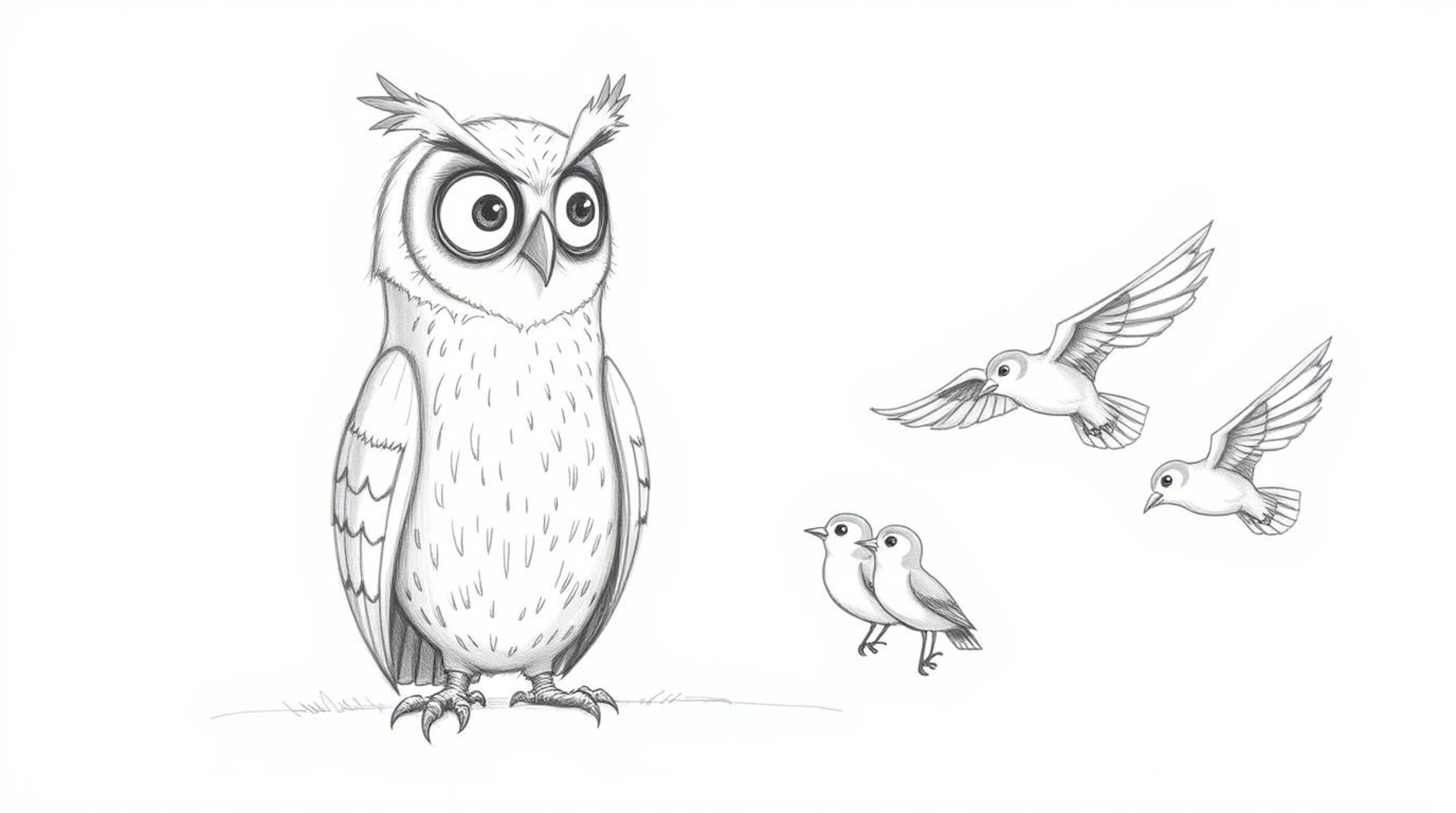 A hand-drawn pencil sketch brings to life a heartwarming scene: a blind owl, rendered in a Pixar-esque style with deeply expr