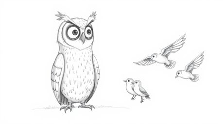 A hand-drawn pencil sketch brings to life a heartwarming scene: a blind owl, rendered in a Pixar-esque style with deeply expr