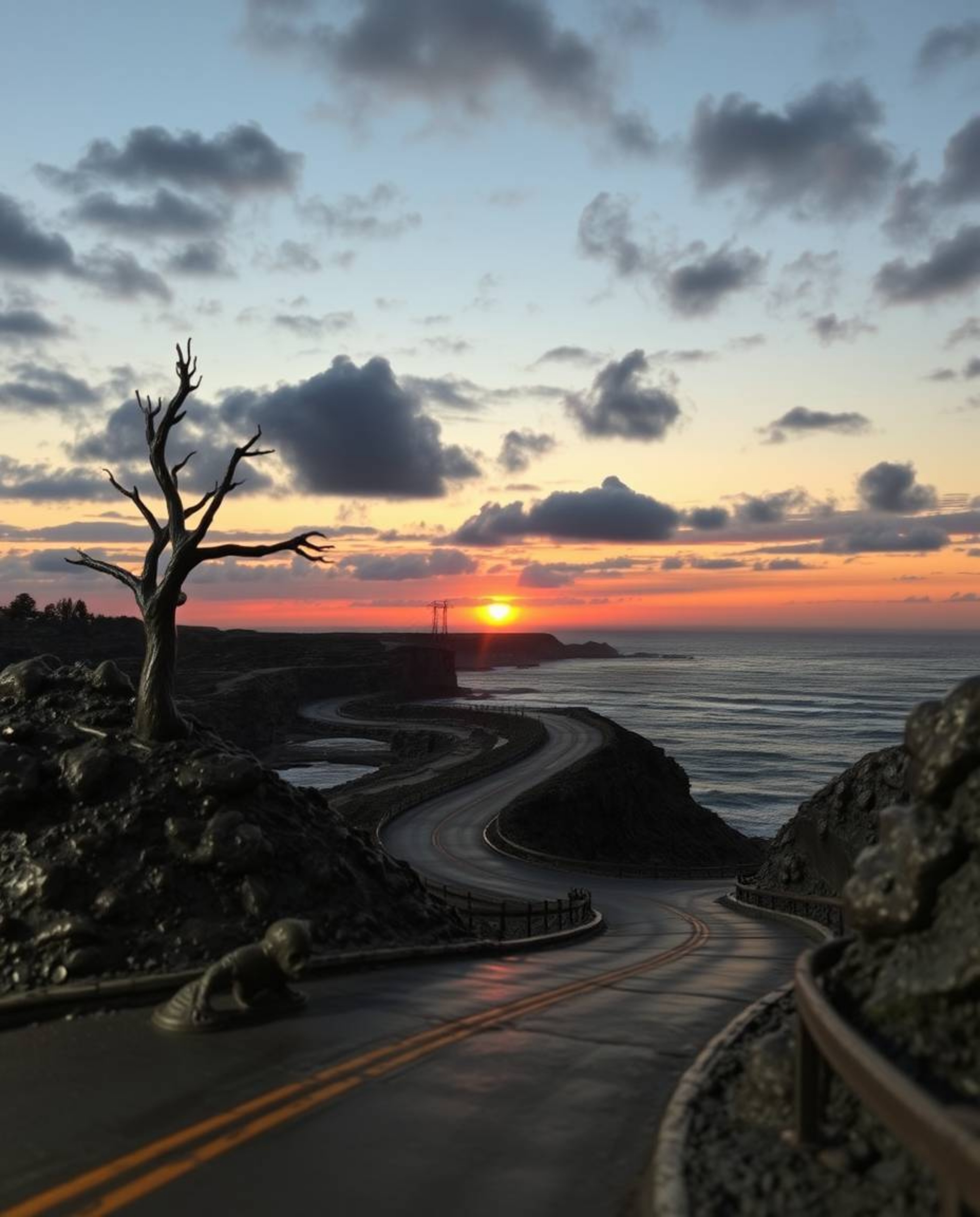This is a cast bronze sculpture depicting a sunset sky over a winding coastal highway. The piece is distinguished by its anti