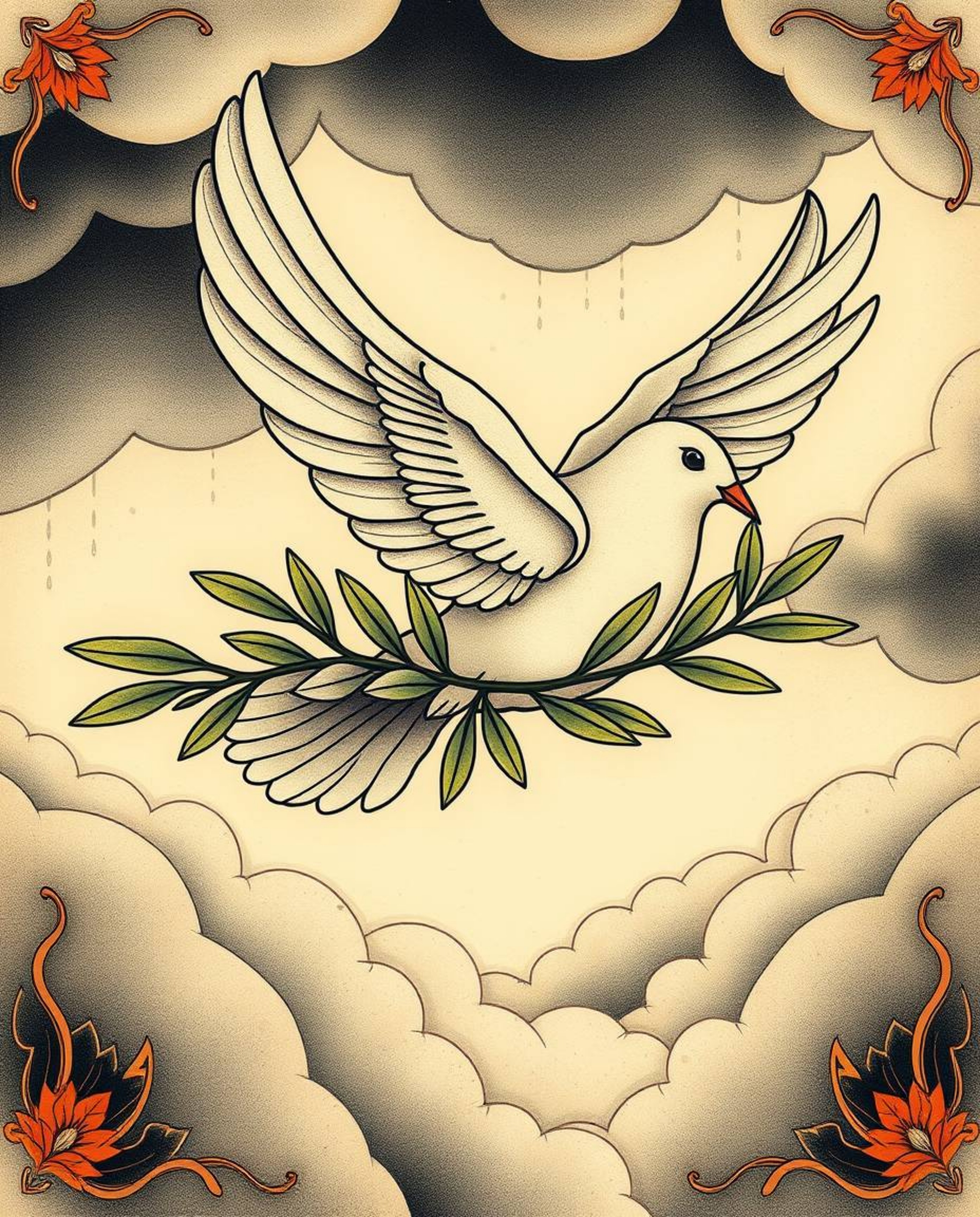 A captivating traditional tattoo design featuring a dove carrying an olive branch amidst stormy skies.  Earthy autumn colors 