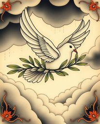 A captivating traditional tattoo design featuring a dove carrying an olive branch amidst stormy skies.  Earthy autumn colors 