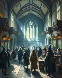 Immerse yourself in a captivating painting of a magical school teeming with young wizards. The artwork is meticulously divide