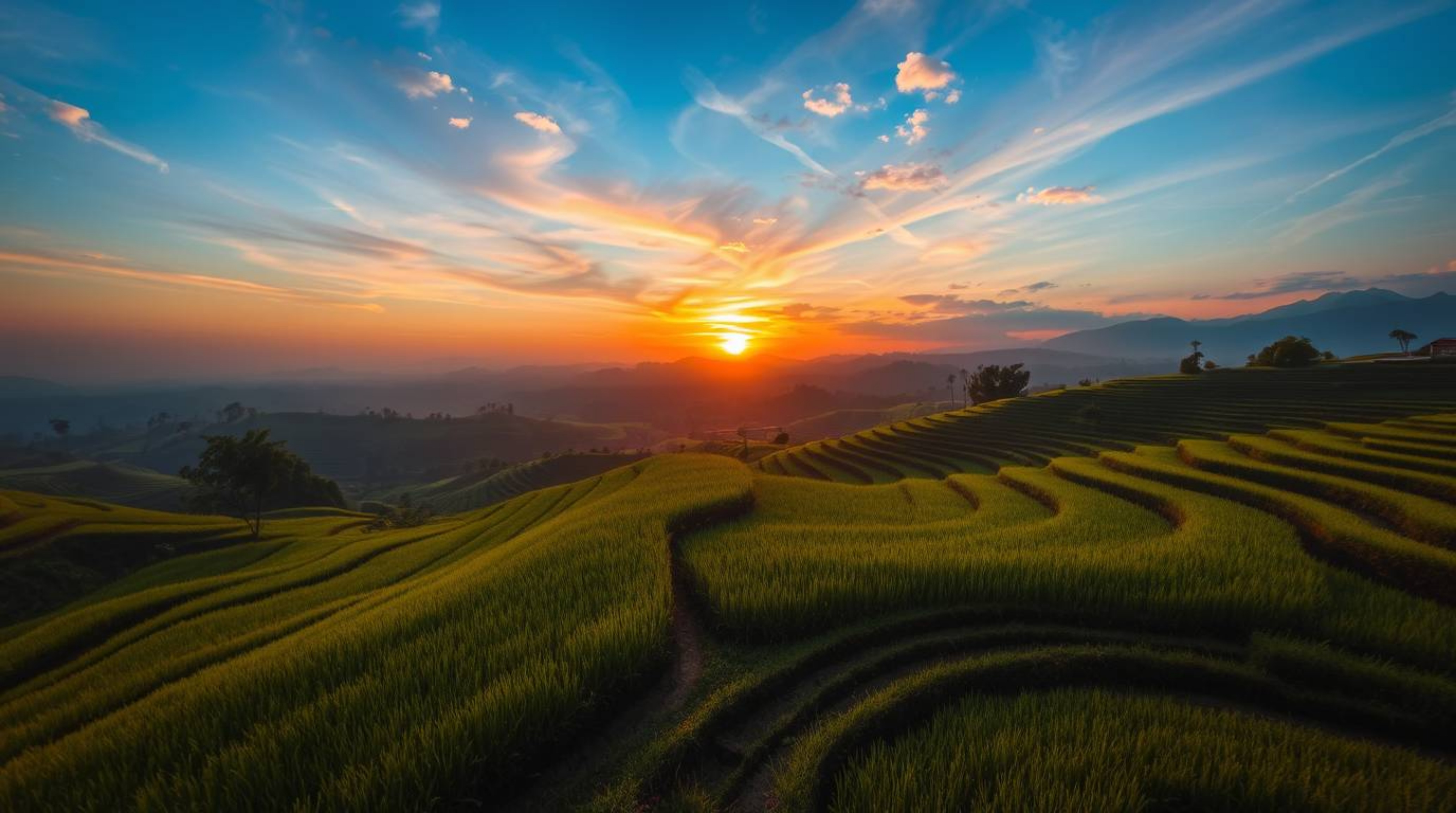 Experience the ethereal beauty of a vibrant sunset over breathtaking rice terraces.  The scene evokes a spiritual and mystica