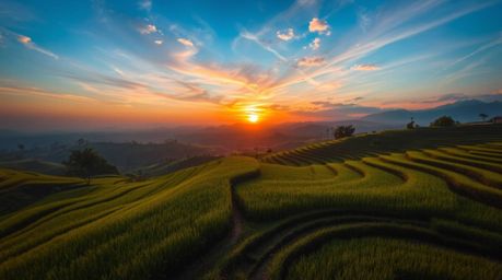 Experience the ethereal beauty of a vibrant sunset over breathtaking rice terraces.  The scene evokes a spiritual and mystica