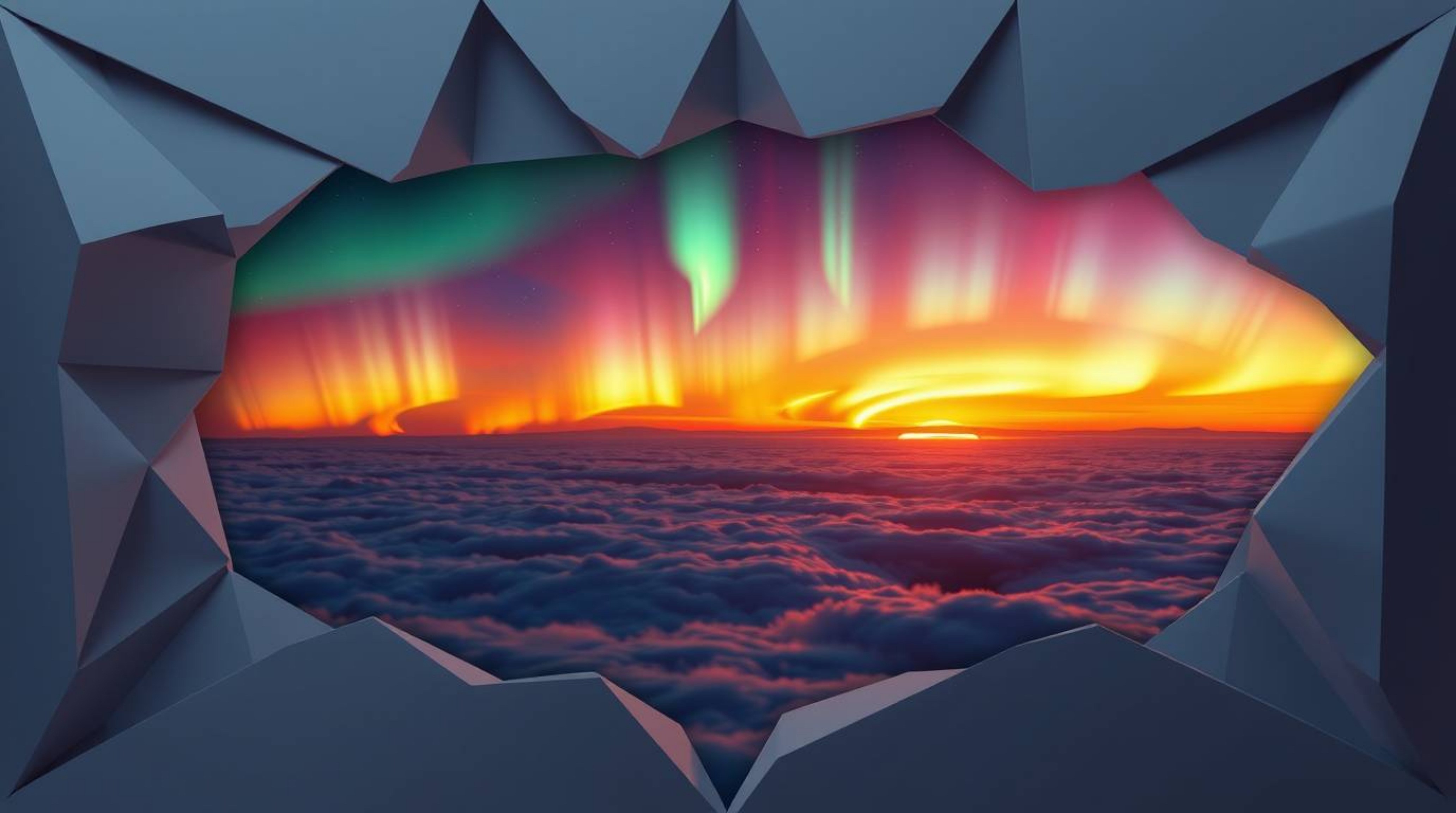Experience a breathtaking digital artwork depicting the Northern Lights gracefully unfolding over a vibrant sunset sky.  This