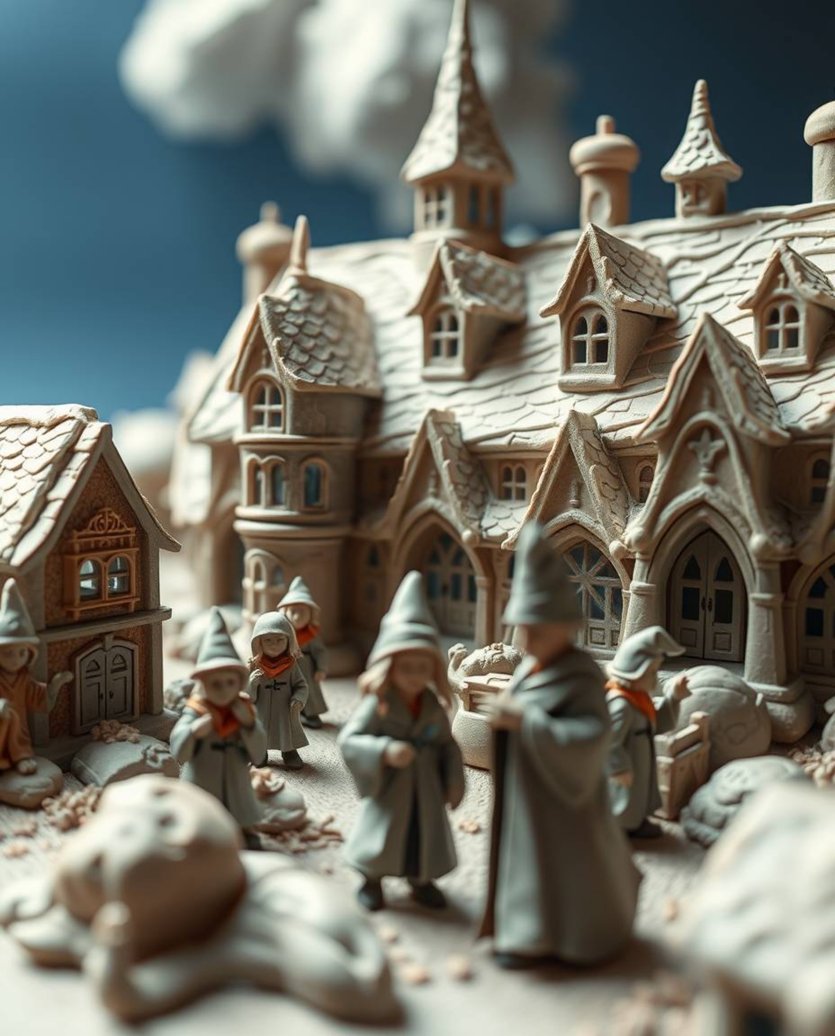 This collection features a series of surreal close-up shots of a sculpted clay model depicting a magical school teeming with 