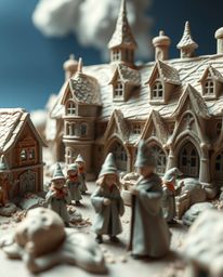 This collection features a series of surreal close-up shots of a sculpted clay model depicting a magical school teeming with 