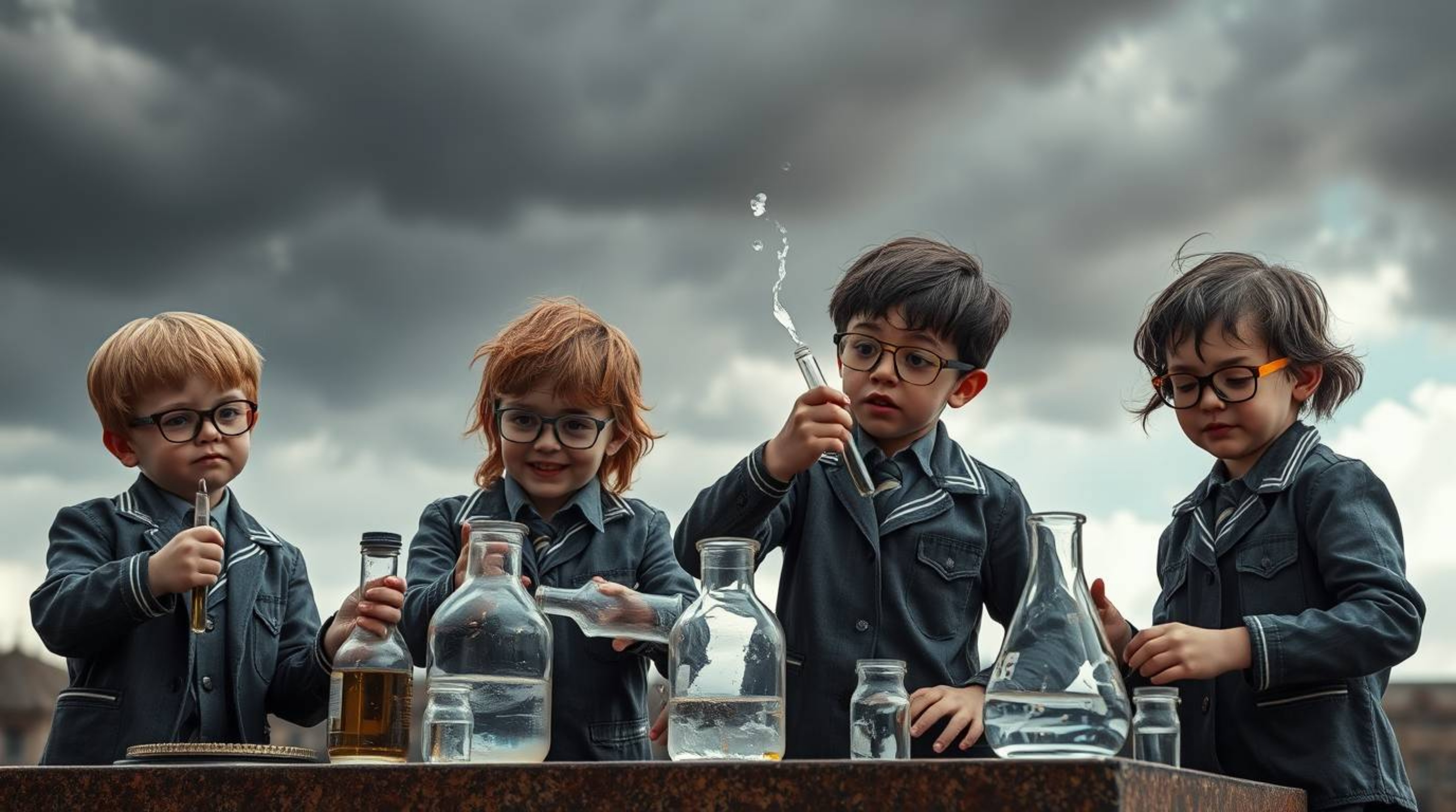 A captivating scene unfolds with a group of quirky kids in school uniforms conducting intense experiments.  The dramatic sett