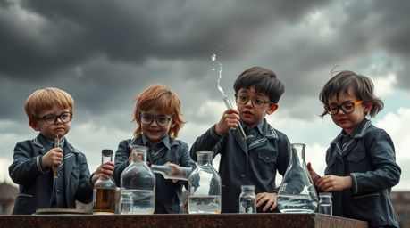 A captivating scene unfolds with a group of quirky kids in school uniforms conducting intense experiments.  The dramatic sett