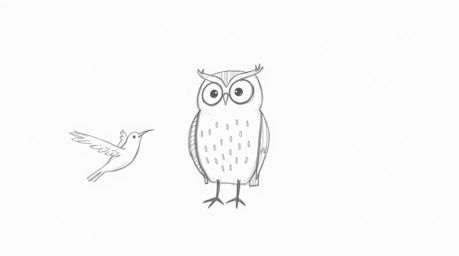 A charming, hand-drawn sketch in the style of Pixar depicts a blind owl with soft, textured pencil strokes on a white backgro