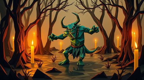 A captivating illustration showcases an ogre performing a vibrant dance within a swampy setting.  Rendered in an intricate or