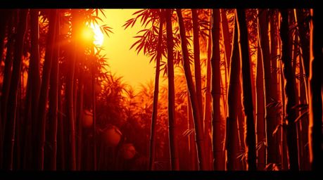 Immerse yourself in a dramatic cinematic-style image featuring a sculpted, textured papier-mâché bamboo forest bathed in the 