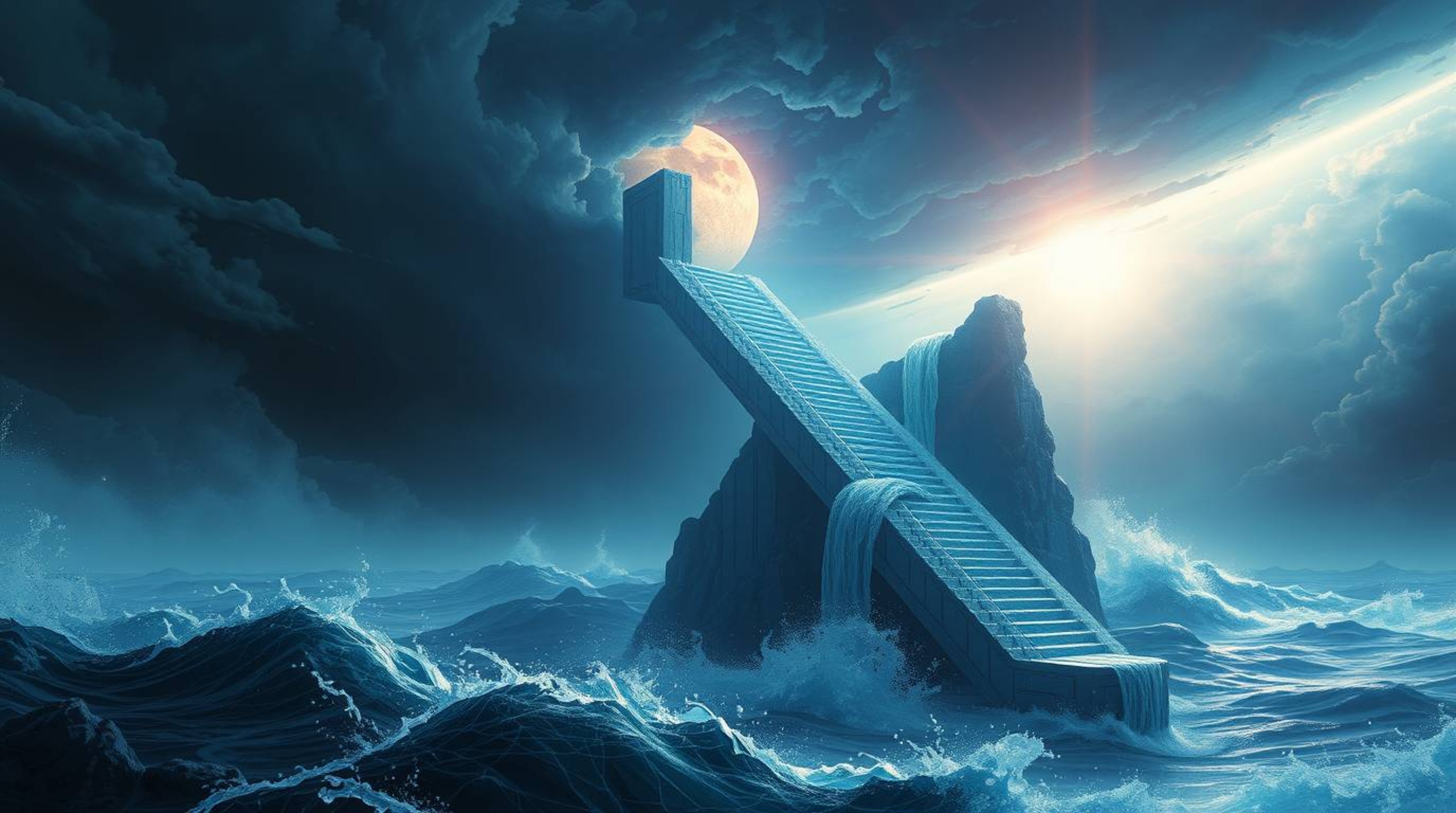 Immerse yourself in a futuristic sci-fi illustration featuring a dramatic ocean staircase ascending into a stormy sky illumin