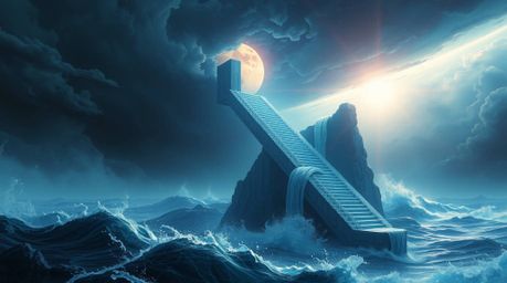 Immerse yourself in a futuristic sci-fi illustration featuring a dramatic ocean staircase ascending into a stormy sky illumin