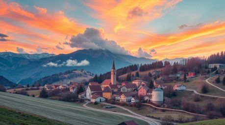A captivating image depicts a cozy village nestled in a valley, bathed in the soft glow of pastel colors under a vibrant sky.