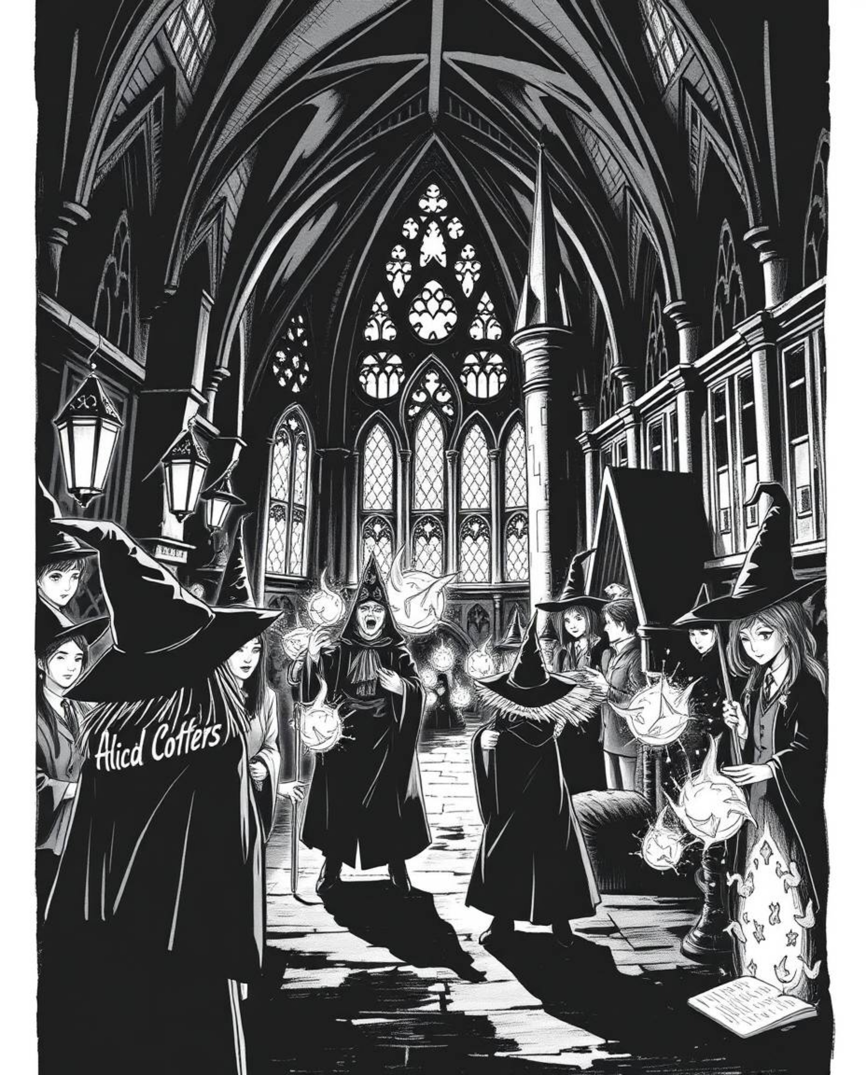 Explore a timeless black and white illustration of a magical school teeming with young wizards.  This elegant artwork feature